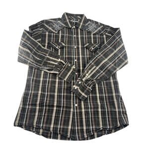 Manchester Ltd Shirt Mens Large Black Brown Plaid Pearl Snaps Button Casual Work